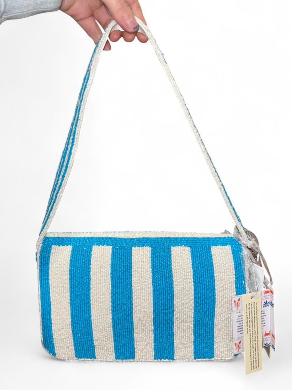 viral Blue and white striped lobster beaded shoulder bag made in india - Picture 2 of 4